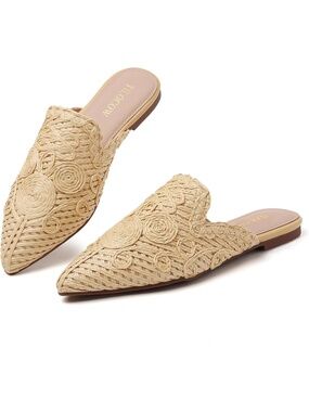 🆕 Womens Beige Shoes Straw Woven Pointed Toe Flat Backless Slipper Mule